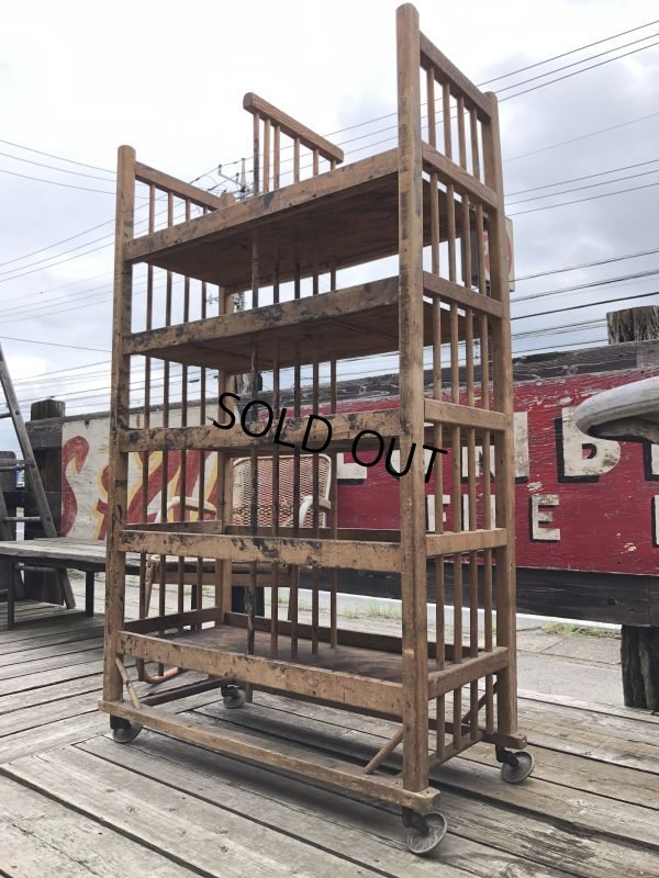 画像1: Antique Wooden Rolling Bakers Rack (M688)