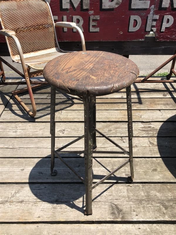 画像1: Vintage Industrial Stool with Wood Seat (M843)