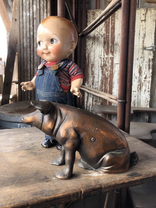 画像1: 40s Vintage Chicago Stockyard Souvenir Cast Iron Copper Wash Piggy Bank (M951) 