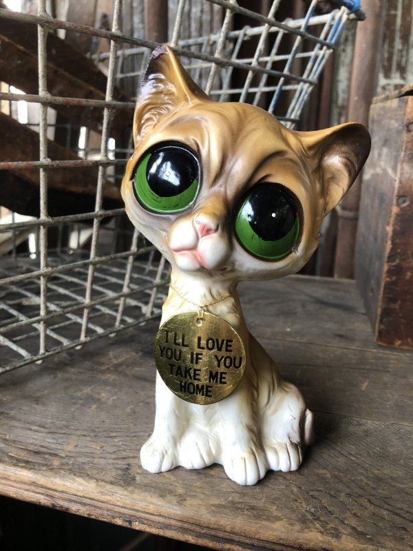 画像1: 60s GIG Vintage Big Eye Kitty Cat Ceramic Statue (R226)