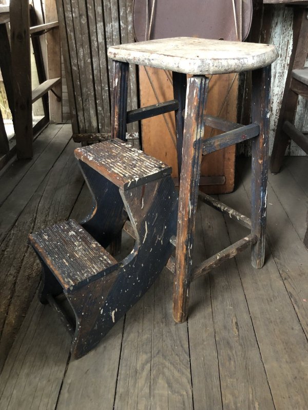 画像1: Antique Wooden Ladder Step Stool (R240)