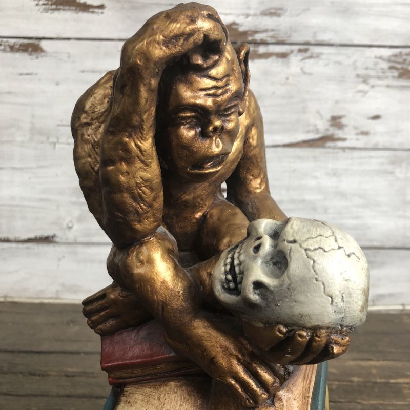 Vintage Darwin Monkey On Books w/ Skull Chalkware Statue (S485 